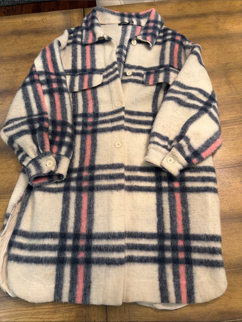 Women’s Cream Plaid Button-Down Shacket with Pink & Gray Stripes